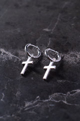 CROSS PENDANT HOOP EARRINGS - SILVER