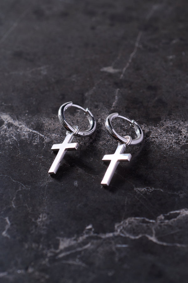 CROSS PENDANT HOOP EARRINGS - SILVER